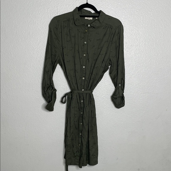 FAT FACE Olive Green Button-Up Dragonfly Printed Belted Shirt Dress Size 10 - Picture 1 of 10